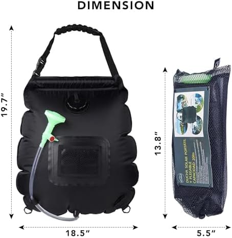Solar Shower Bag - 5 Gallon / 20 L Portable & Compact Solar Heating Shower, Removable Hose & On-Off Shower Head - Made of Premium ABS Plastic - Ideal for Travel, Camping, Hiking, Fishing