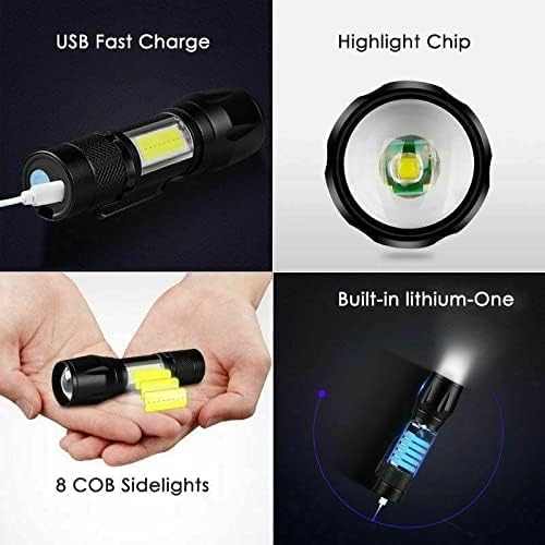 Led Flashlight Rechargeable USB Torch Mini Small Light Super Bright Handheld Tiny Portable Pocket Flash Light with COB Side Searchlight High Lumens Zoomable Emergency Camping Accessories 2 Pack