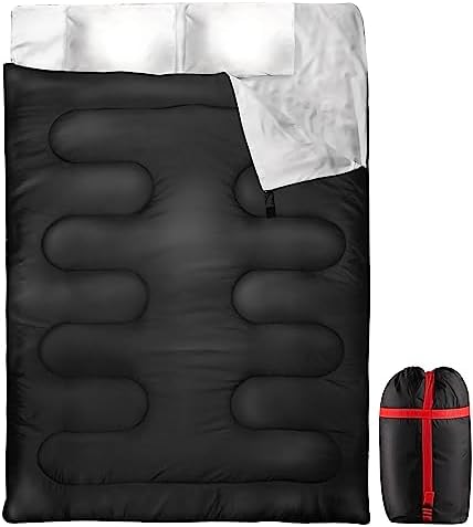 Zone Tech Double Camping Sleeping Bag with 2 Pillows – 3-4 Season Lightweight Waterproof Warm & Cool Weather Adult & Kids Sleeping Bag Converts into 2 Single -Camping, Hiking, & Outdoors