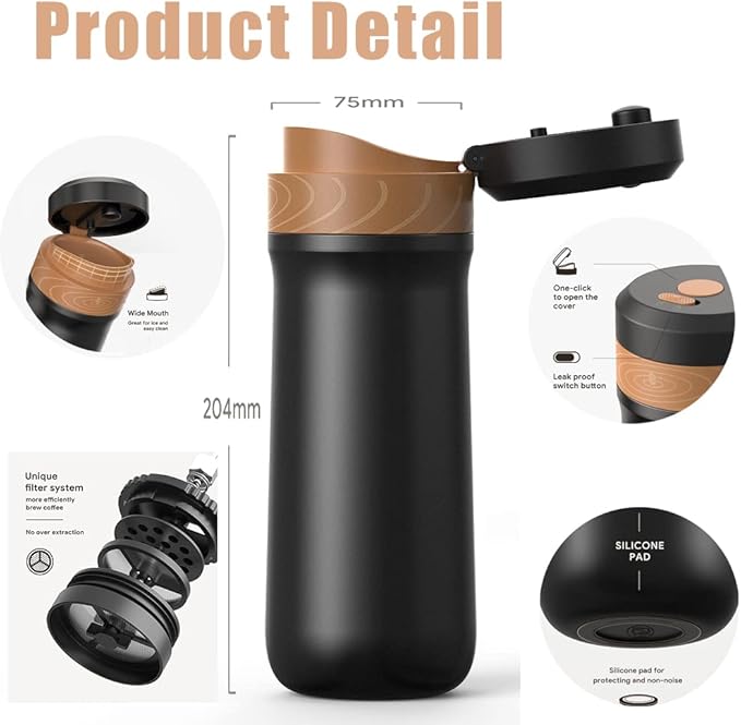Classic Portable French Press Coffee Mug 12 oz with Carry Loop, Stainless Steel French Press Coffee Maker, BPA Free Great for Camping and Travel