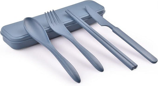 Travel Utensils with Case, Portable Wheat Straw Cutlery Set, Spoon Knife Fork Chopsticks Reusable Utensils for Travel Work Picnic Camping or Daily Use