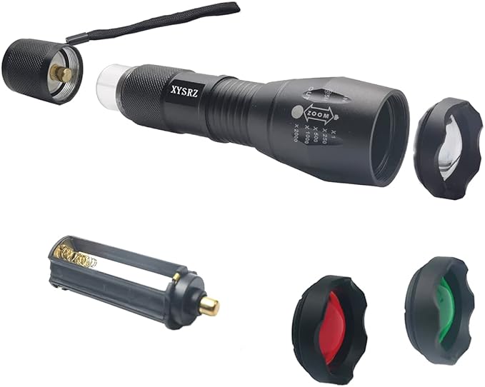 3-Color-Light Flashlight Single Mode Flashlight with Red Green Lens Zoomable LED Flashlight for Hunting Astronomy Camping Night Vision