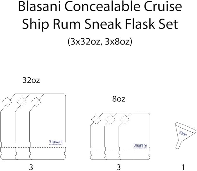 Concealable Cruise Ship Rum Sneak Flask Kit Set (3x32oz, 3x8oz)