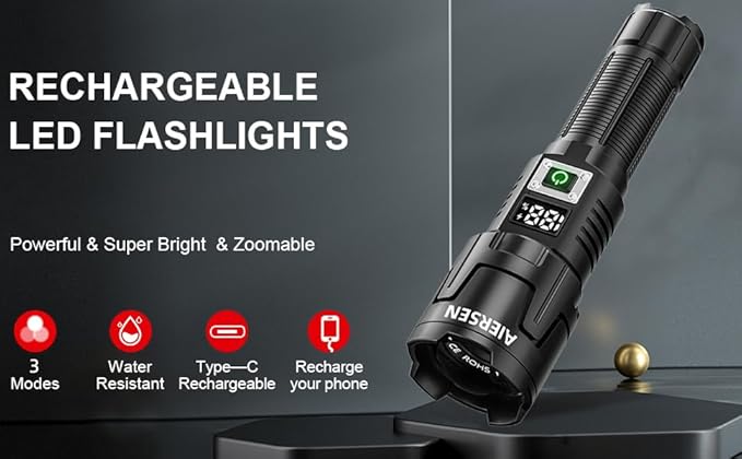 Rechargeable High Lumen LED Flashlight, 90,000 Lumens with Zoom, 3 Modes, IPX6 Water Resistant, Powerful Handheld Flashlight for Emergencies, Camping and Hiking