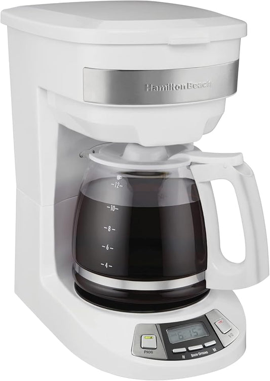 Hamilton Beach 12 Cup Programmable Drip Coffee Maker with 3 Brew Options, Glass Carafe, Auto Pause and Pour, White (46294)