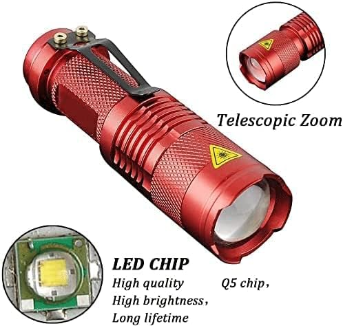 MODOAO 6 Pack Mini Flashlights LED Flashlight 7W 350LM 3 Mode Flashlight Torch Adjustable Focus Zoomable Light,Skid-Proof Design & Waterproof Design (Red)