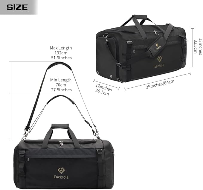 Eackrola Large Sports Gym Bag, Travel Duffel bag with Wet Pocket & Shoes Compartment for men women, 65L, Lightweight(Black)