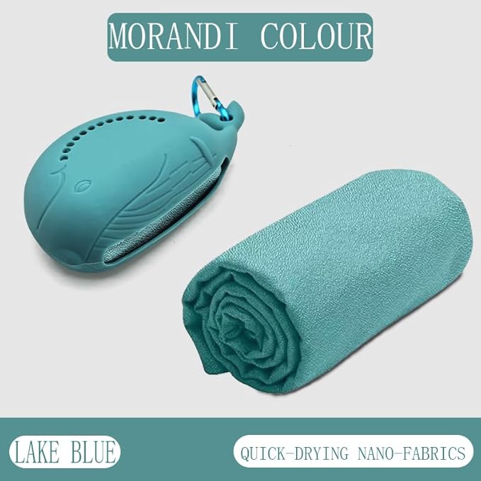 FANCAME Quick Dry Towel with Whale Silicone Sleeve Microfiber Sports Travel Towel Soft Breathable Cooling Towel Absorbent Compact Beach Towels,Suitable for Gym,Camping and Yoga (Lake Blue, 15‘’x 15")