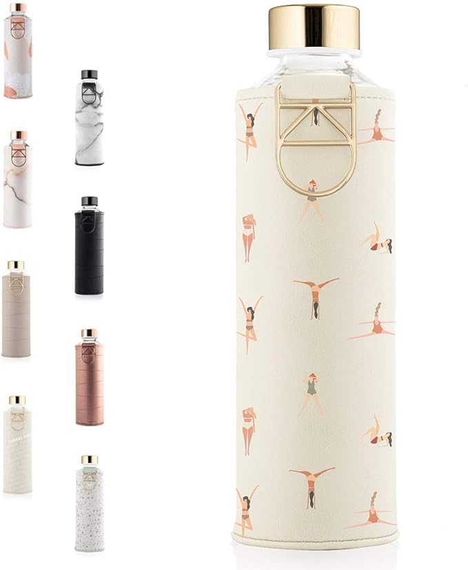 EQUA Glass Water Bottle with Faux Leather Sleeve, 750ml, Leak Proof and BPA Free, 100% Borosilicate Glass, MM Faux PL