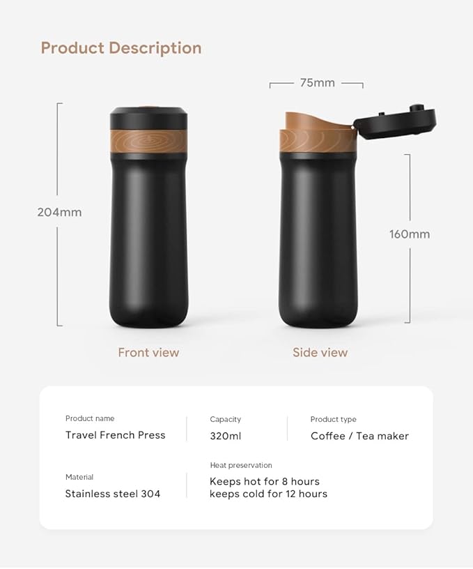 Classic Portable French Press Coffee Mug 12 oz with Carry Loop, Stainless Steel French Press Coffee Maker, BPA Free Great for Camping and Travel