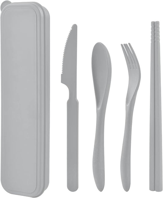 Travel Utensils with Case, Portable Wheat Straw Cutlery Set, Spoon Knife Fork Chopsticks Reusable Utensils for Travel Work Picnic Camping or Daily Use