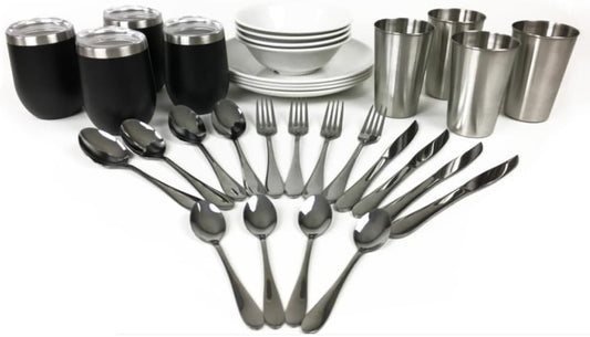 Unplug Luxury Camping Plates Cups and Bowls Set | Camping Dishes & Utensils Including Knives, Spoons and Forks | an All-Inclusive Camping Mess Kit | Camping Dinnerware