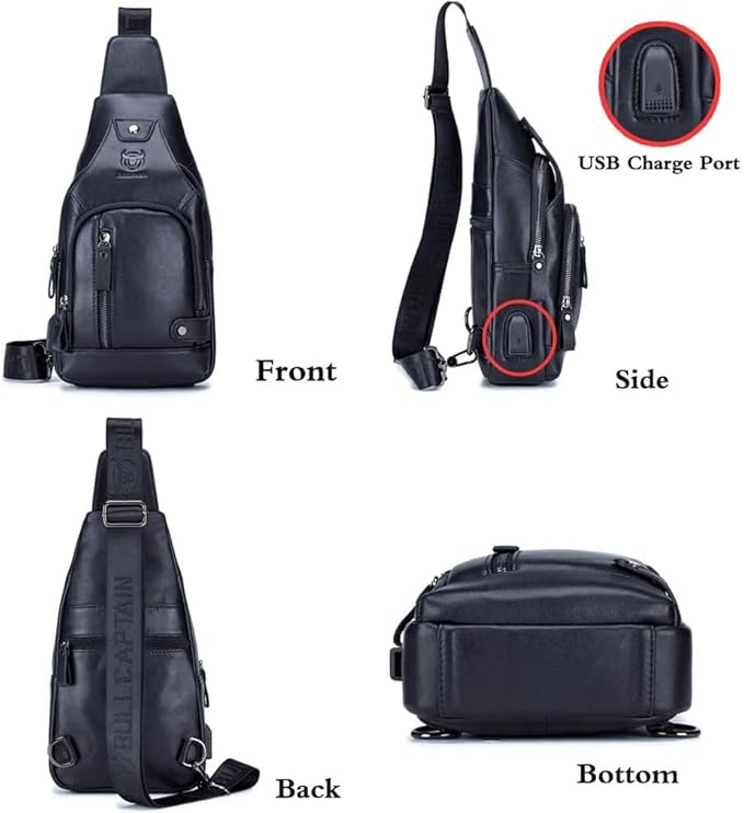 KPYWZER Genuine Leather Sling Backpack with USB Charging Port Chest Bag Outdoor Hiking Travel Daypack Black