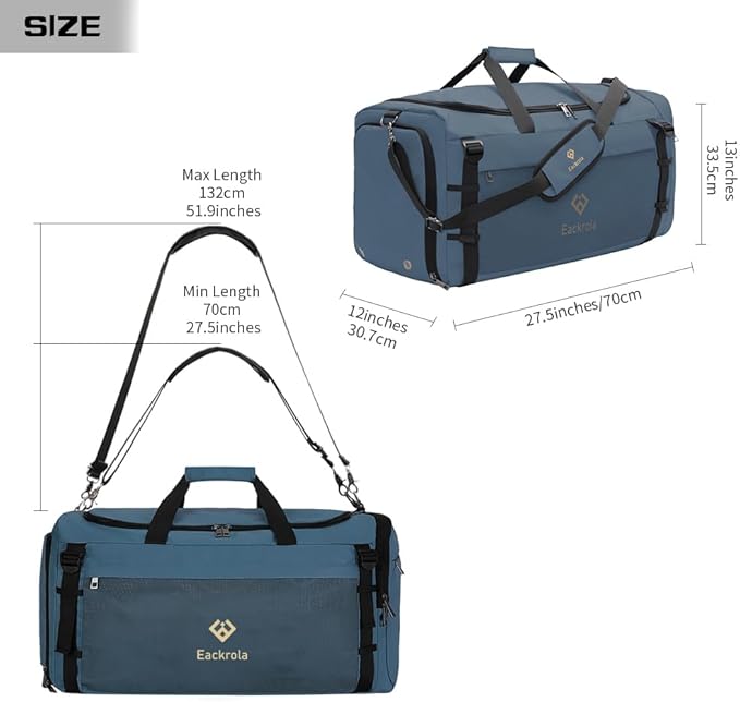 Eackrola Extra Large Sports Gym Bag, Travel Duffel bag with Wet Pocket & Shoes Compartment for men women, 85L, Lightweight (Haze Blue)