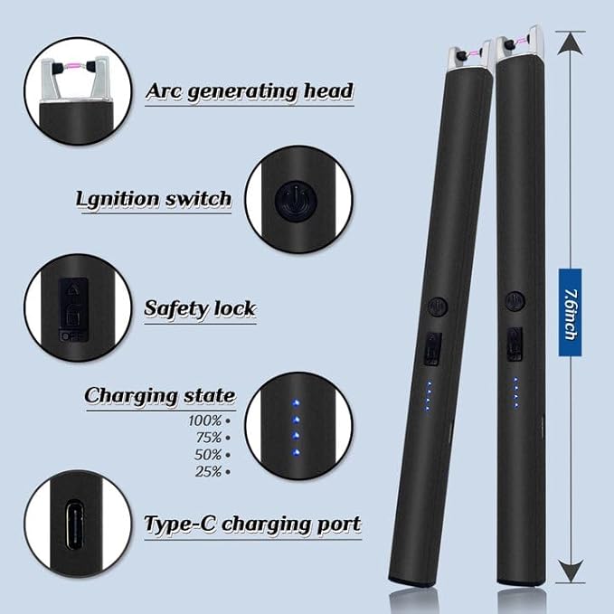 2 PCS Candle Lighter,Windproof Flameless Electric Lighter with LED Power Display & Safety Switch, Upgraded Plasma USB Rechargeable Lighter for Birthday Camping BBQ (Black)