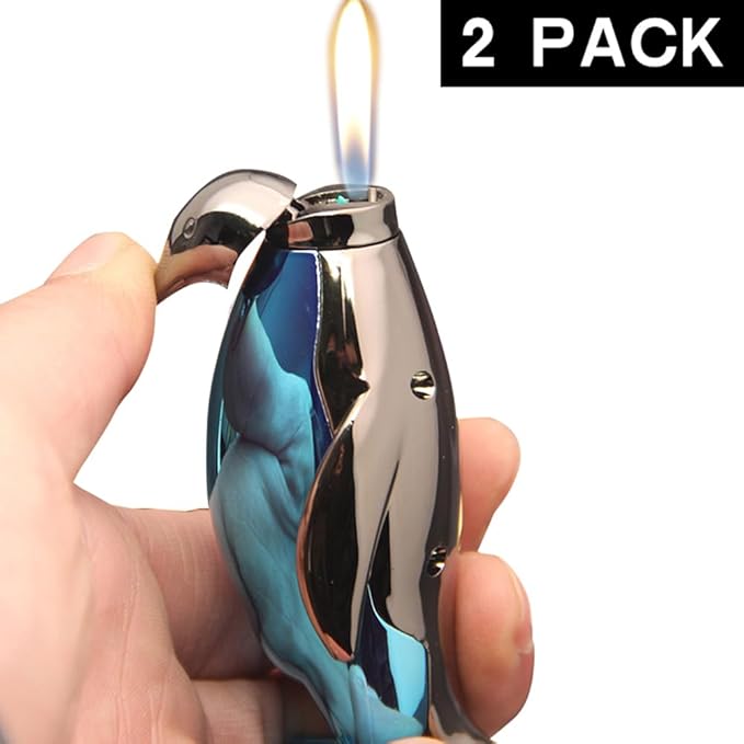 2 Pack Blue Cool,Butane Jet Torch Lighter,Refillable Windproof Flame Lighters,Adjustable,Long,BBQ Candles Camping (No Gas)
