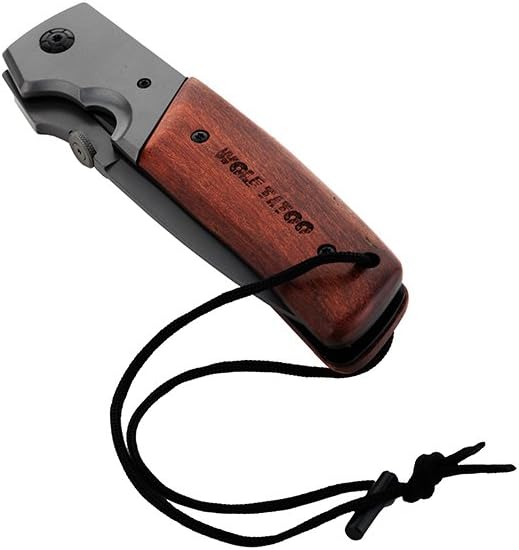 11 Inches Huge Pocket Folding Knife, 4.7 inches Titanium Plated Stainless Steel Large Blade, Red Wood Handle, Tactical Camping Survival Knives With Belt Clip For Men Gift WOLF TATOO