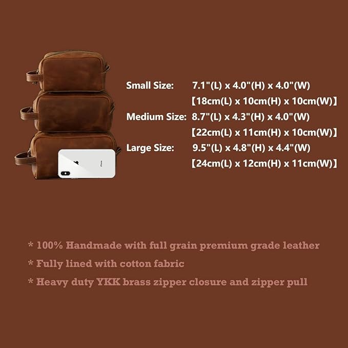 Toiletry Bag for Men or Women, Full Grain Leather Handcrafted Dopp Kit, Vintage Travel Leather Toiletry Travel Pouch, Large Cosmetic Bathroom Travel Shaving Bag, Fully Lined with Cotton Fabric