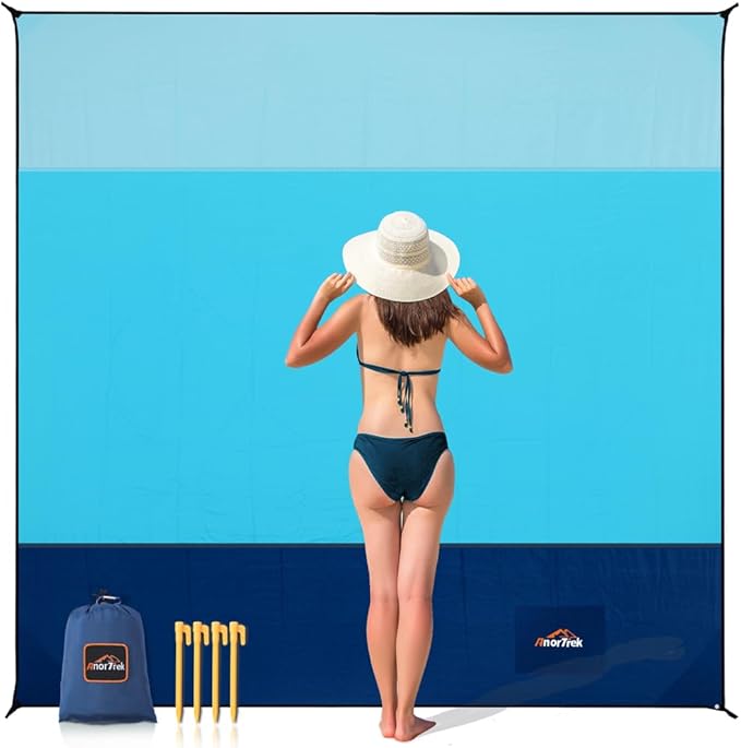 Beach Blanket Sandproof, Extra Large Beach Mat, Sand Free Mat Quick Drying, Lightweight, Soft & Durable Mat for Beach, Yard (Sky Blue & Blue & Dark Blue, 6.6 x 6.6 FT (1~4 Person))