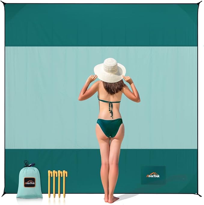 Beach Blanket Sandproof, Extra Large Beach Mat, Sand Free Mat Quick Drying, Lightweight, Soft & Durable Mat for Beach, Yard (Dark Green & Mint Green, 6.6 x 6.6 FT (1~4 Person))