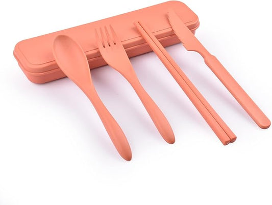 Travel Utensils with Case, Portable Wheat Straw Cutlery Set, Spoon Knife Fork Chopsticks Reusable Utensils for Travel Work Picnic Camping or Daily Use