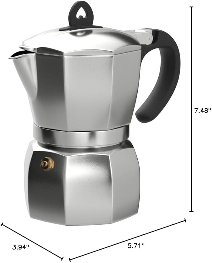 Imusa 6 Cup Stovetop Espresso Maker with Heart Shaped Knob, Silver