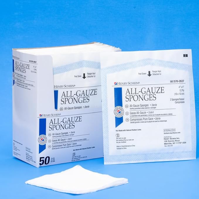 Premium 100% Cotton All-Gauze Sponge 4x4 12 Ply Sterile Square for Wound Care & Home First Aid Kits - 50/Box