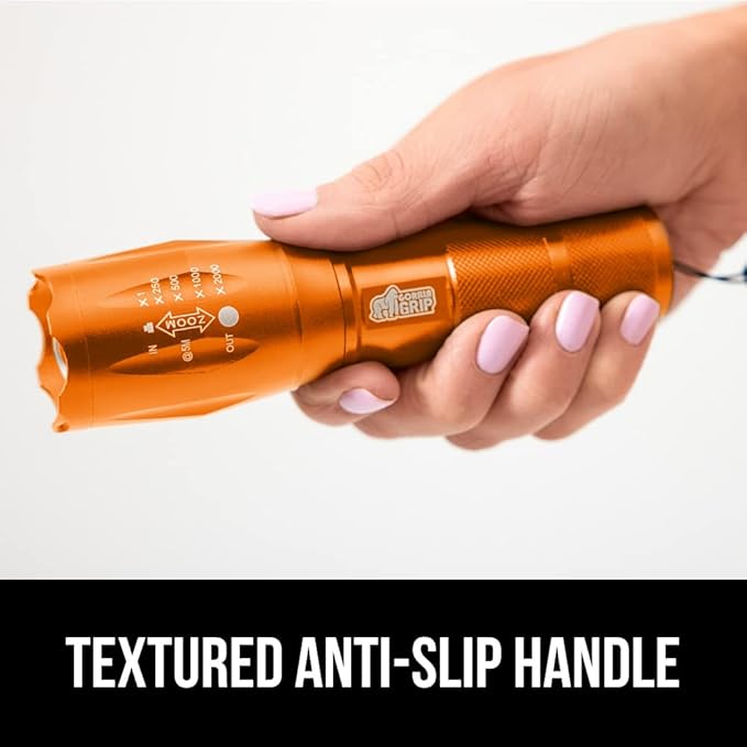Gorilla Grip Powerful LED 750 FT Water Resistant 5 Adjustable Mode Tactical Flashlight, High Lumens Ultra Bright Battery Life Zoom Flashlights, Small Camping Car Mini Flash Light Accessories, Orange