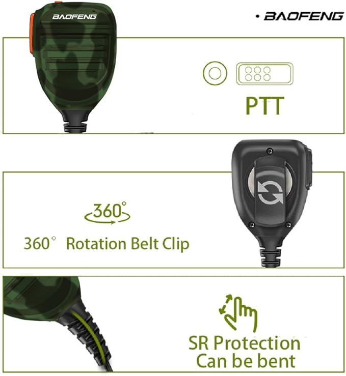 BAOFENG BF-F8HP Microphone Speaker Handheld Mic Waterproof Upgrade of Original BF Mic for GMRS Ham Radio 2Pin K Mic Camo Compatible with UV-K5 UV-82 UV-S9 Plus UV-17R P15UV