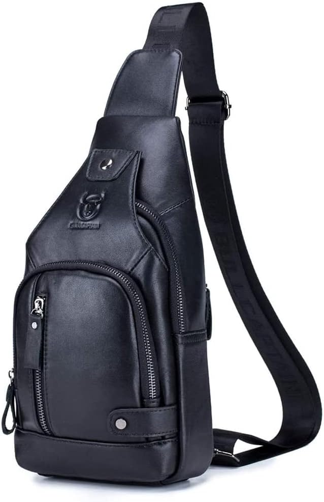 KPYWZER Genuine Leather Sling Backpack with USB Charging Port Chest Bag Outdoor Hiking Travel Daypack Black