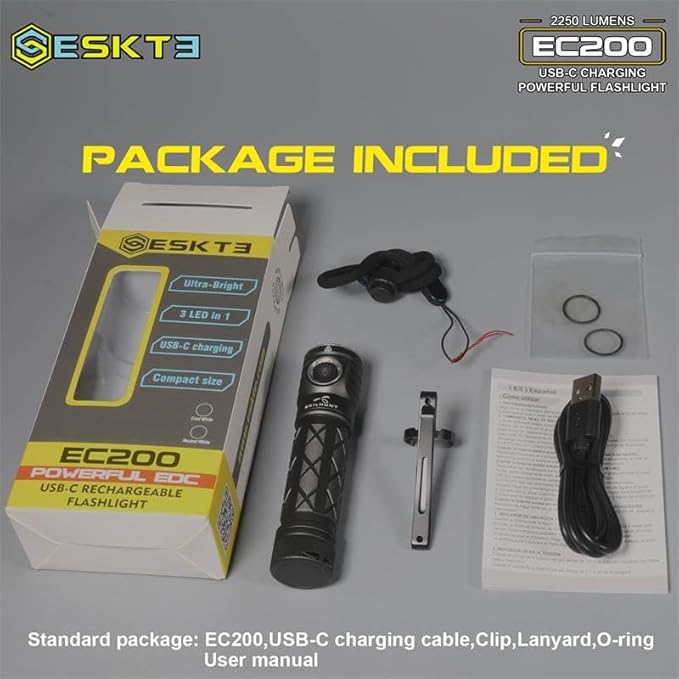 EC200 Powerful EDC 2250 lumens USB-C Rechargeable LED Flashlight - Lightweight, Compact Mini Pocket light Home use Camping Hiking Running Waterproof Outdoor Sports Hands-Free (Cool White 6500K, Grey)