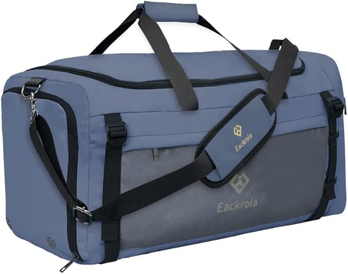 Eackrola Extra Large Sports Gym Bag, Travel Duffel bag with Wet Pocket & Shoes Compartment for men women, 85L, Lightweight (Haze Blue)