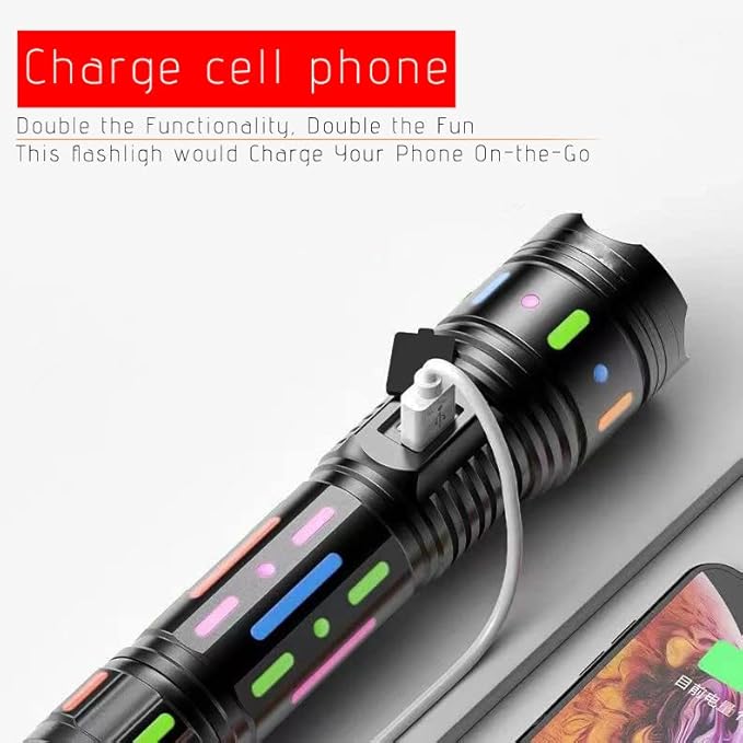 High Powered Handheld Flashlight, Rechargeable LED Flashlights with a Long-range Reach, Colorful Fluorescent Strips Body, Mechanically Zoomable, for Hunting, Searching, Fishing, Exploring, Camping
