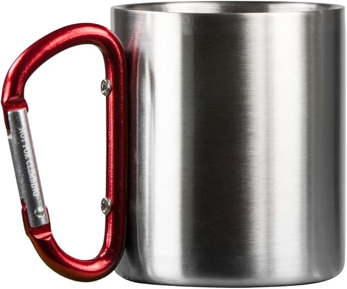 Life Gear Stainless Steel Double Walled Mug with Carabiner Handle - Portable Rockclimbing, Hiking, Backpacking or Camping Travel Cup 10 oz