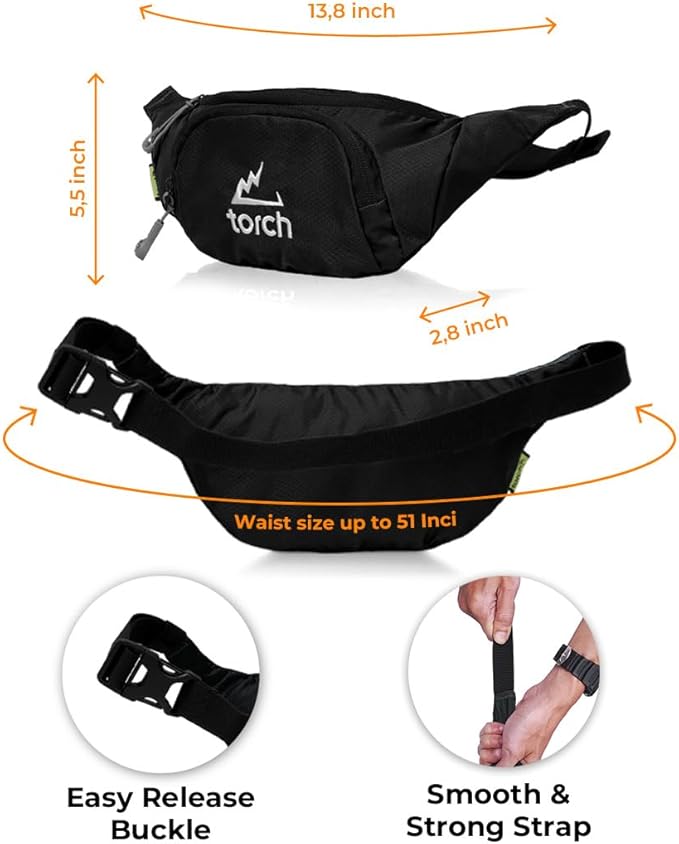 TORCH Mens Fanny Pack - Hip Pack For Men Women with Compass Survival, Small Crossbody Fanny Packs for Walking, Biking, Outdoor, Workout - Vallejo (Black)