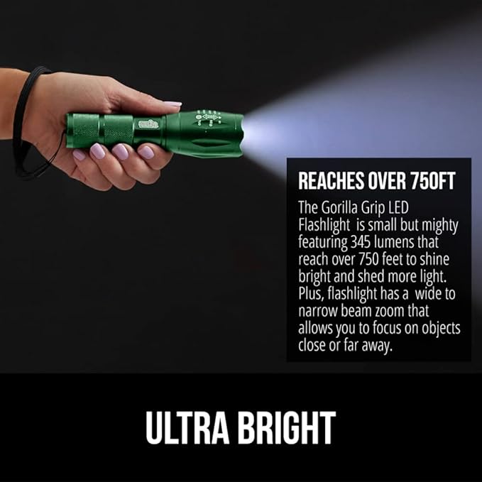Gorilla Grip Powerful LED 750 FT Water Resistant 5 Adjustable Mode Tactical Flashlight, High Lumens Ultra Bright Battery Life Zoom Flashlights, Small Camping Car Mini Flash Light Accessories, Green