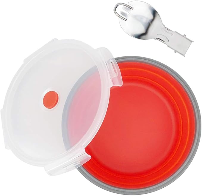 1200ml Collapsible Camping Bowl Silicone Food Storage Container with Lid and Foldable Stainless Steel Fork Spoon, for Picnic, Travel, Camping, RV, Fridge and Microwave Bowls