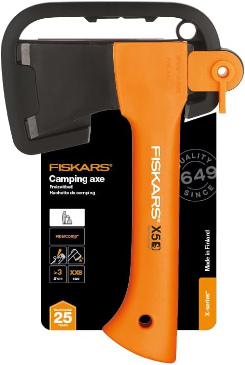 Fiskars Camping Axe XXS X5, Storage and Carrying Case Included, Length: 23 cm, Non-stick Coating, Weight: 480 g, High Steel Blade/Reinforced plastic handle, Orange, 1015617