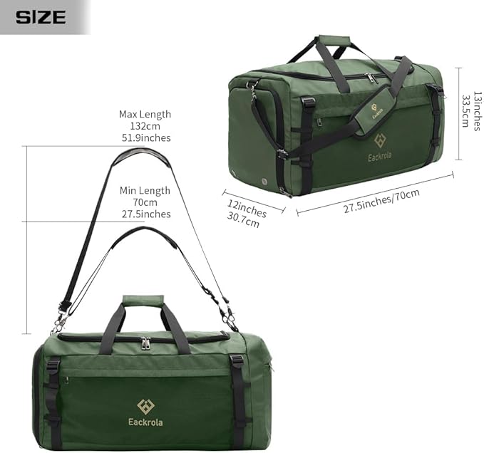 Eackrola Extra Large Sports Gym Bag, Travel Duffel bag with Wet Pocket & Shoes Compartment for men women, 85L, Lightweight (Green)