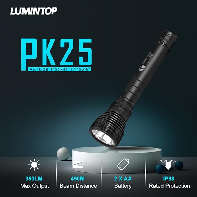 LUMINTOP PK25 EDC Flashlight, Super Bright 350 Lumens 490 Meters Dual AA LED Flashlight, 4 Modes Plus Strobe, IP68 Waterproof LED Flashlight