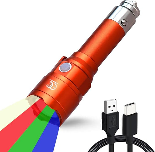 Small RGBW Flashlight Rechargeable with 12 Volt Car Cigarette Lighter & USB C for Auto Vehicles Emergency, Car Escape, Outdoors, Daily Use