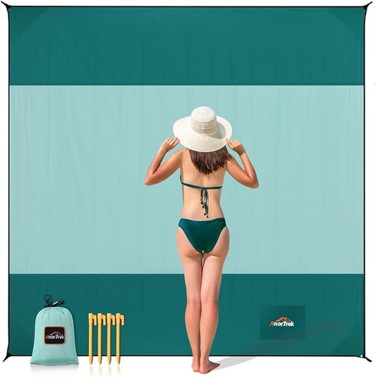 Beach Blanket Sandproof, Extra Large Beach Mat, Sand Free Mat Quick Drying, Lightweight, Soft & Durable Mat for Beach, Yard (Dark Green & Mint Green, 10 x 10 FT (1~9 Person))