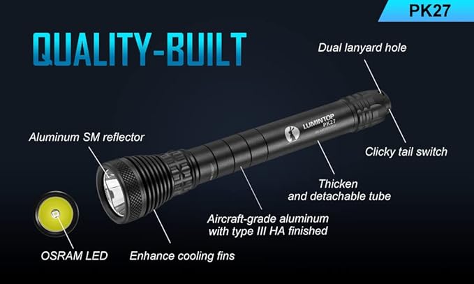 LUMINTOP PK27 AAA Flashlight 885 ft Pocket Flashlight, 300 Lumens EDC Flashlight Tail Switch Tactical Light IPX-8 Waterproof Flashlight Torch Security Light