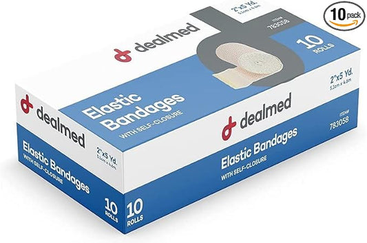 Dealmed 2" Elastic Bandage Wrap with Self-Closure – 10 Elastic Bandages, 5 Yards Stretched Compression Bandage Wrap, Wound Care Product for First Aid Kit and Medical Facilities
