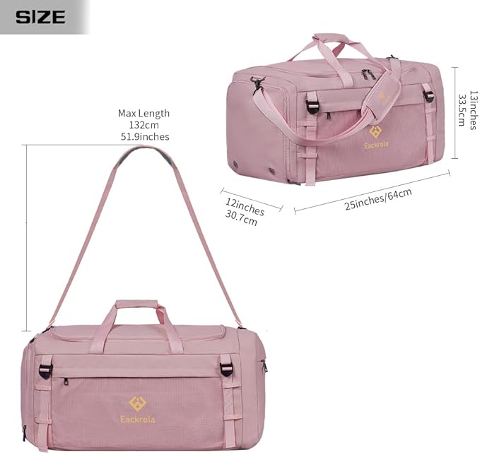 Eackrola Large Sports Gym Bag, Travel Duffel bag with Wet Pocket & Shoes Compartment for men women, 65L, Lightweight(Pink)