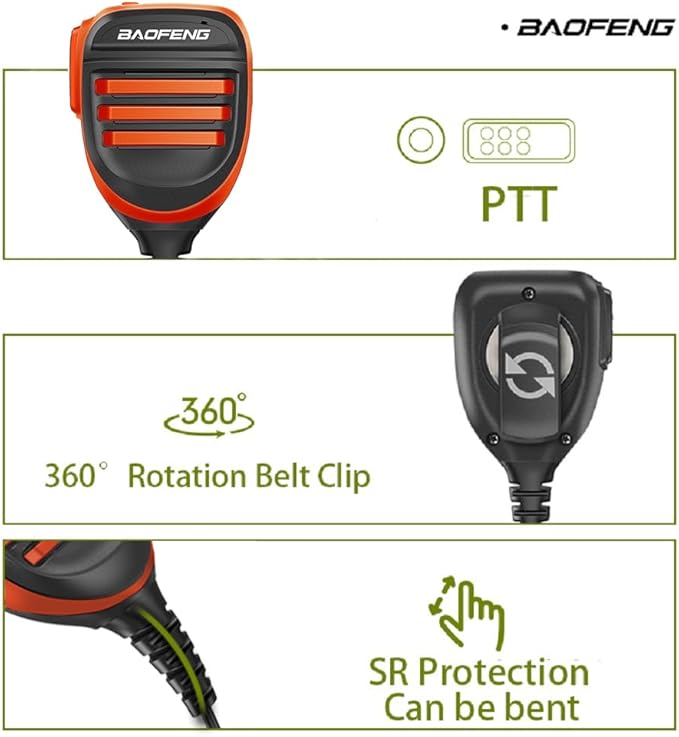 BAOFENG BF-F8HP Microphone Speaker Dual PTT Handheld Mic Waterproof Upgrade of Original BF Mic for GMRS Ham Radio 2Pin K Orange Compatible with UV-K5 UV-82 UV-S9 Plus UV-17R P15UV