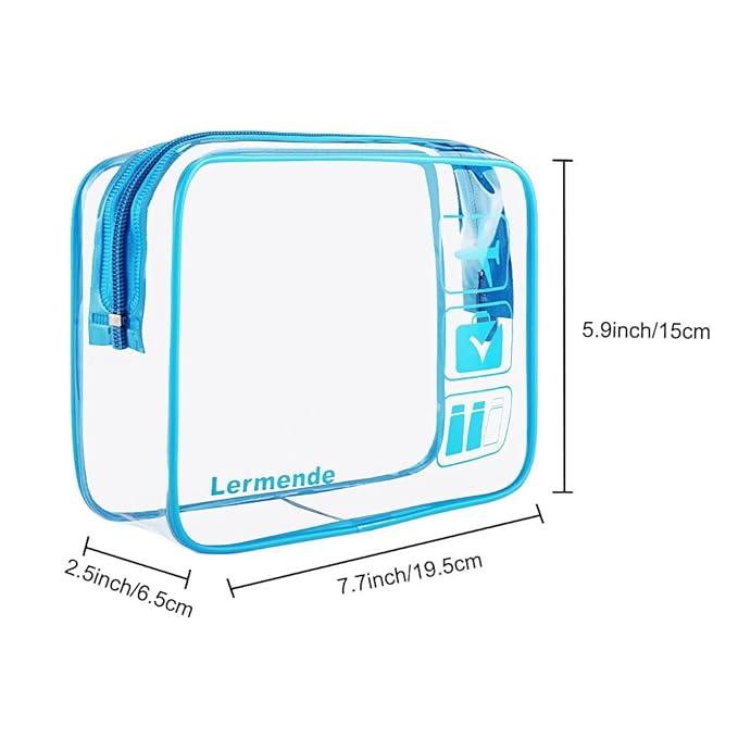 Lermende 2pcs Clear Toiletry Bag TSA Approved Travel Bag,Carry On for Travel,Airport Airline Accessories Compliant Bag,Quart Sized Makeup Cosmetic bag Women Men (Blue, 2 Pack)