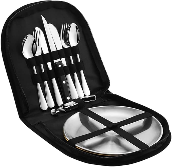Metal Camping Utensil Set, Camping Silverware Set for 2, Reusable Travel Cutlery Set with Case Include Knife Fork Spoon Dish and Beer Cap Opener 10PCS Set
