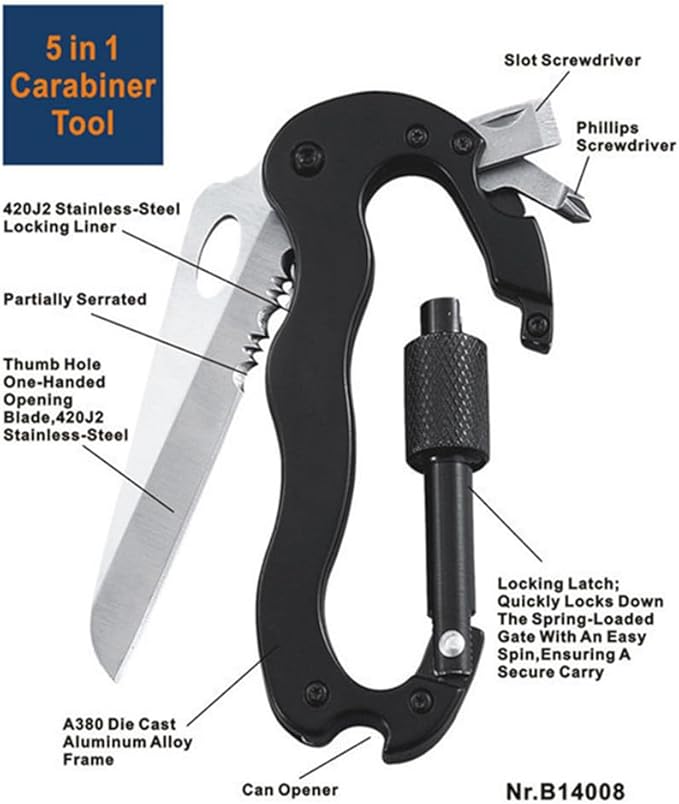 DOOM BLADE 5-in-1 multi-function portable climbing Multi-tool,bottle opener,mini carabiner, mountaineering keychain, screwdriver, EDC Gear and Equipment,portable folding carabiner knife