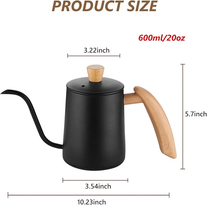 Pour Over Coffee Kettle Gooseneck Tea Pot 304 Stainless Steel Hand Coffee Maker Kettle-Barista Pour Control Design,Wood Handle and Long Narrow Spout Camping Kettle(Color:Black,Size:20oz)